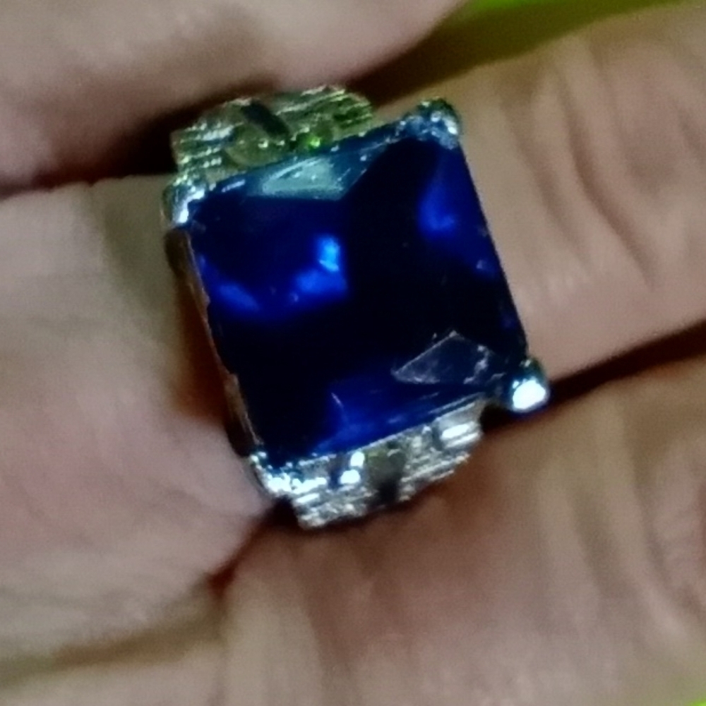 Silvertone square blue stone crystal cross Christian catholic ring size 11